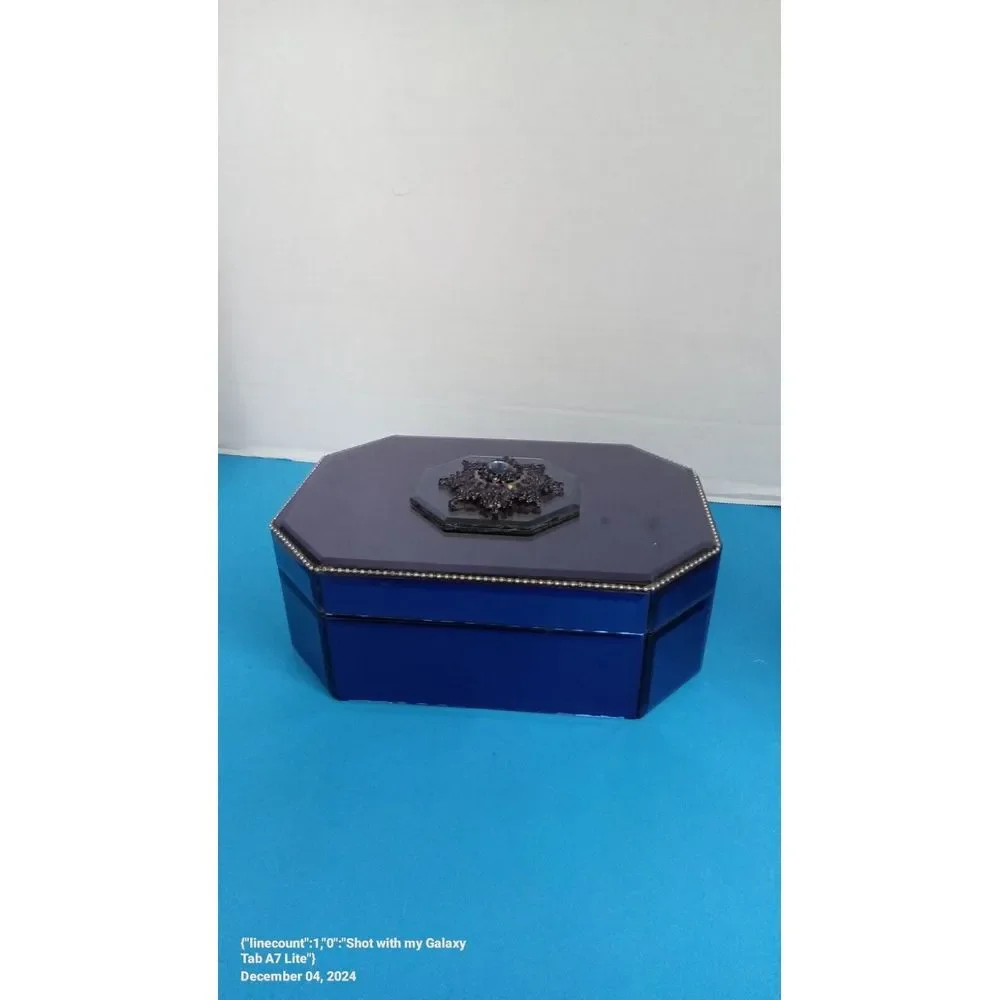 Elegant Octagonal Jewelry Box with‎ Ornate Embellishment - Royal Blue and Black